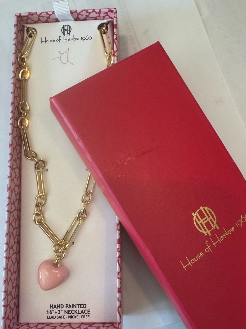 House of Harlow 1960 Gold Link Necklace with puffy pale pink Heart Accent-trendy